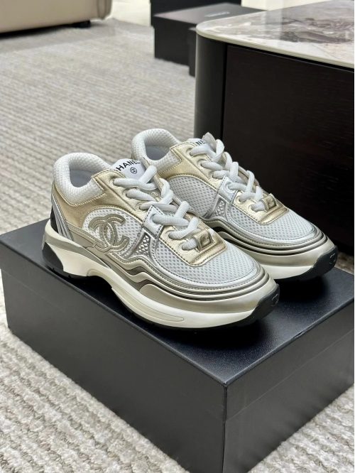 Chanel Runner Sneakers Chunky Mesh Trainers Gold and White