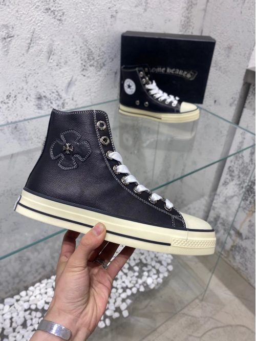 Chrome Hearts Leather High Top Sneakers Chunky Casual Shoes Black