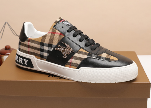 Burberry Check Print Leather Sneakers Casual Shoes Black and Beige