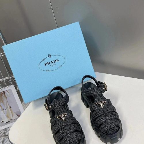 Prada Monolith Chunky Woven Sandals Black