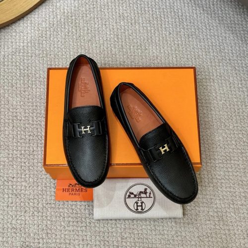 Hermes Paris Loafer Classic Leather Slip-On Shoes Black