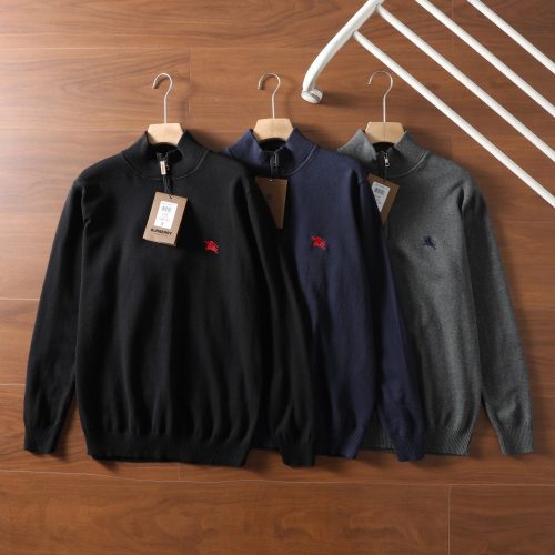 Burberry Quarter-Zip Knit Sweater Casual Pullover Black Navy and Gray
