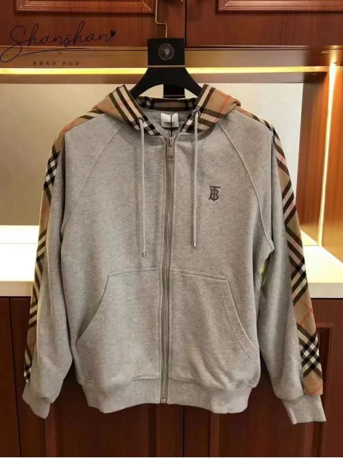 Burberry Check Panel Zip-Up Hoodie Cotton Sweatshirt Gray