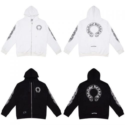 Chrome Hearts Horseshoe Zip-Up Graphic Streetwear Hoodie Black and White