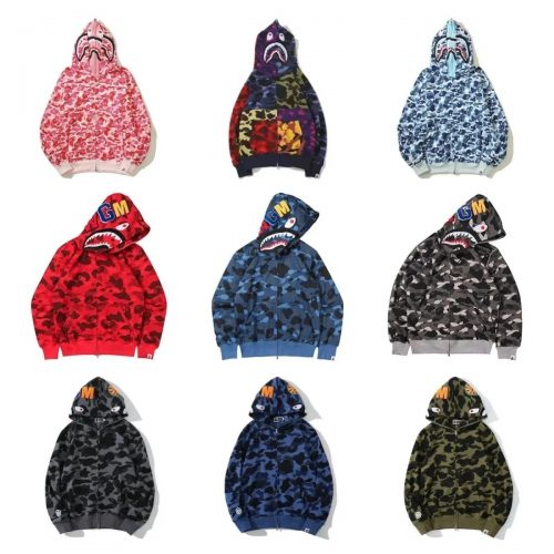 A Bathing Ape BAPE Shark Full Zip Hoodie Camo Streetwear Sweatshirt Multicolor