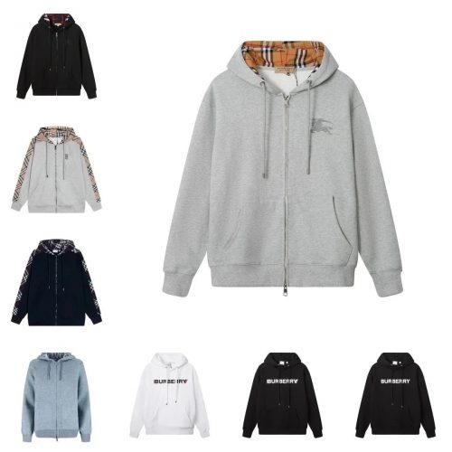Burberry Check Panel Zip-Up Hoodie Cotton Sweatshirt Gray
