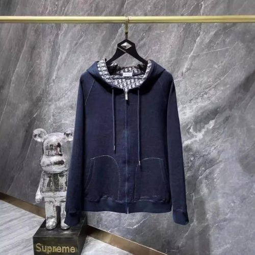 Dior Oblique Zip-Up Hoodie Casual Sweatshirt Navy