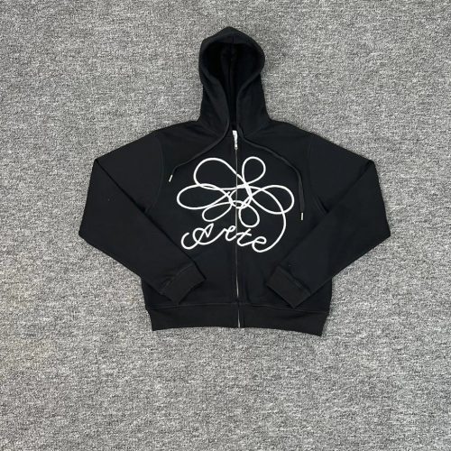 Arte Antwerp Scribble Flower Graphic Zip-Up Hoodie Black