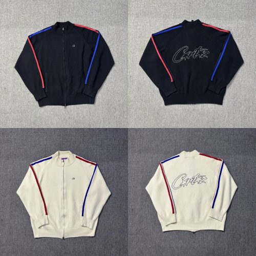 Corteiz CRTZ Track Jacket Streetwear Zip-Up Sweatshirt Black and White