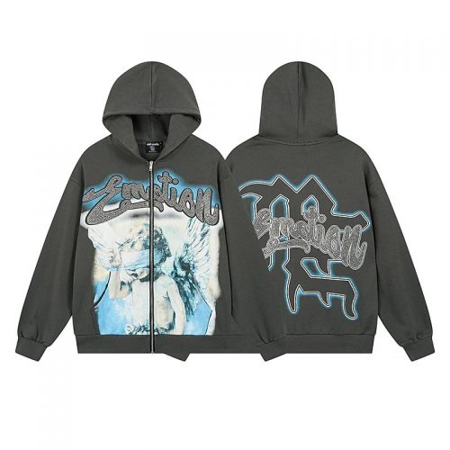 Design Graphic Angel Print Oversized Zip-Up Hoodie Gray
