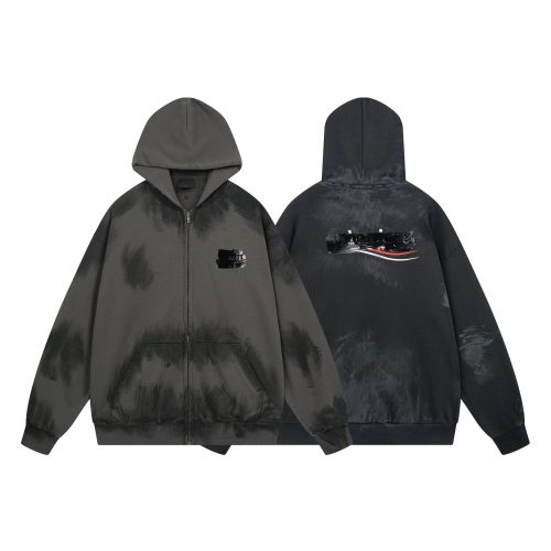 Balenciaga Brushstroke Zip-Up Hoodie Distressed Streetwear Sweatshirt Black