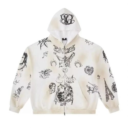 Palm Angels Tattoo Print Zip-Up Hoodie Casual White
