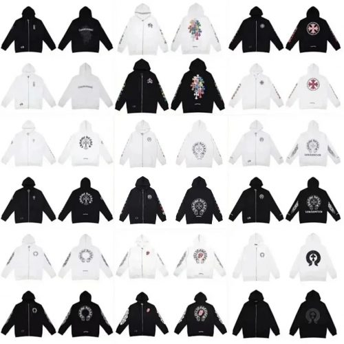 Chrome Hearts Zip-Up Hoodie Graphic Streetwear Sweatshirt Black and White