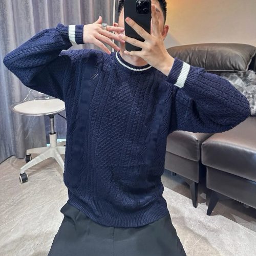 Design Cable Knit Crewneck Sweater Navy Blue