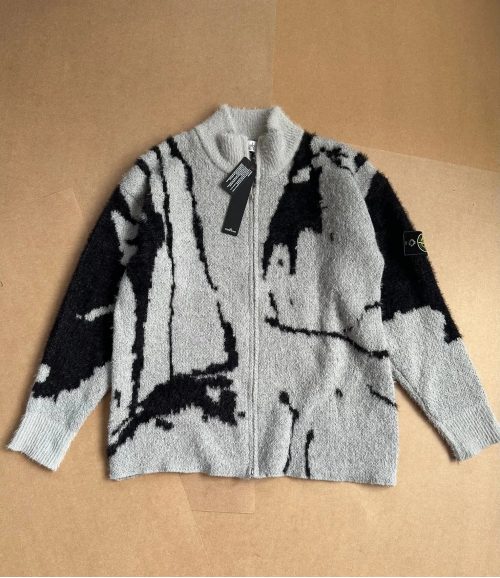 Stone Island Brushed Mohair Blend Zip-Up Cardigan Grey and Black