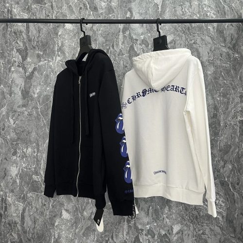 Chrome Hearts Rolling Stones Graphic Zip-Up Hoodie Black and White