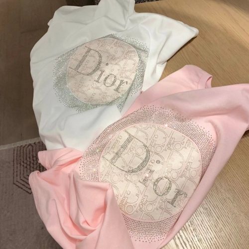 Dior Oblique Crystal Embellished Graphic Tee White and Pink