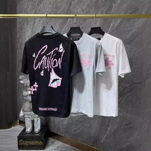 Chrome Hearts Caution Graphic Cotton T-Shirt Black White and Gray
