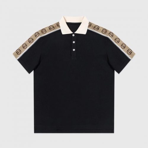 Gucci Interlocking G Stripe Cotton Polo Shirt Black