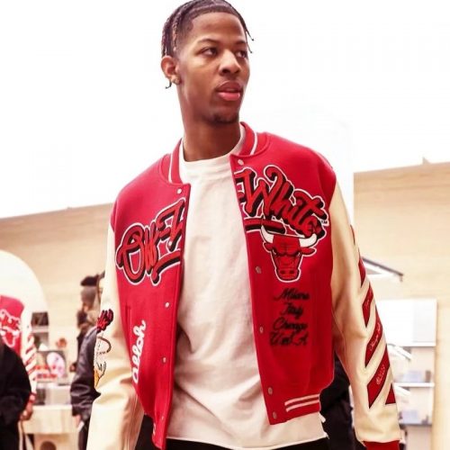 Off-White Chicago Bulls Varsity Jacket Streetwear Wool Leather Jacket Red and White
