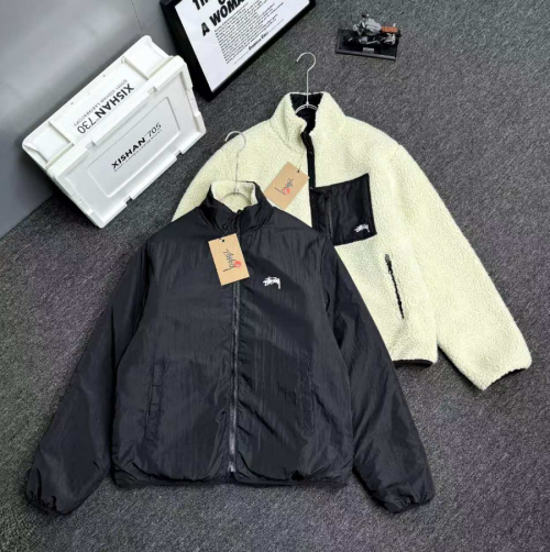 Stussy Reversible Fleece Jacket Streetwear Bomber Jacket Black and Beige