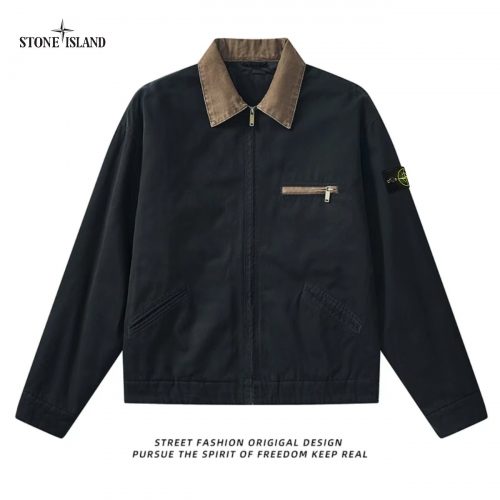 Stone Island Contrast Collar Harrington Jacket Casual Cotton Jacket Black