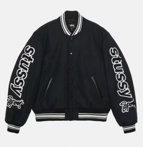 Stussy Sport Varsity Jacket Streetwear Wool Bomber Jacket Black