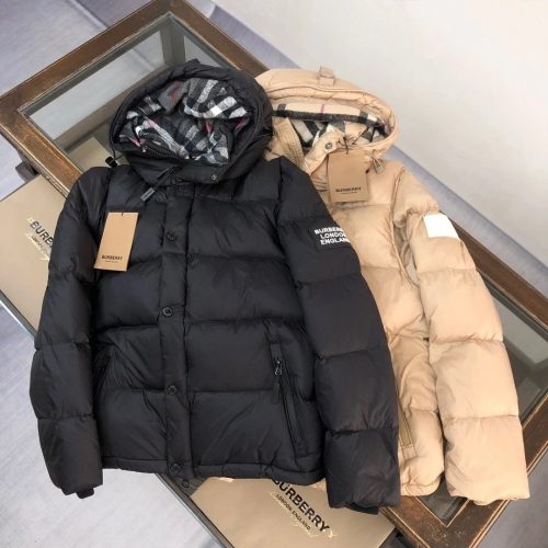 Burberry Down Puffer Jacket Hooded Winter Coat Black and Beige