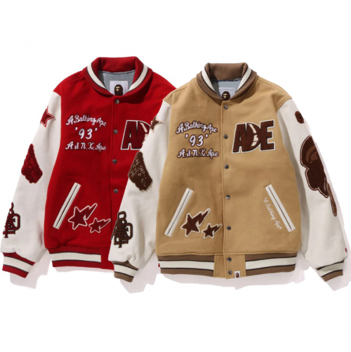 A Bathing Ape BAPE '93 Varsity Jacket Patchwork Streetwear Jacket Red and Beige