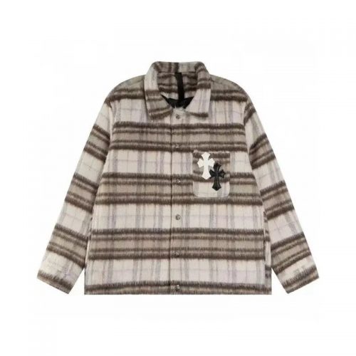 Chrome Hearts Cross Patch Plaid Brushed Flannel Jacket Beige and Brown