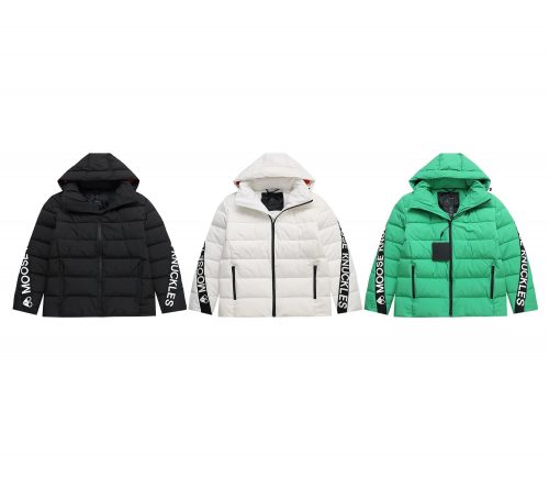 Moose Knuckles Logo Tape Puffer Down Jacket Black White and Green
