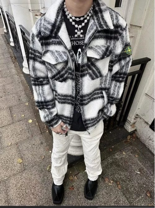 Stone Island Brushed Wool Check Overshirt Plaid Jacket Black and White