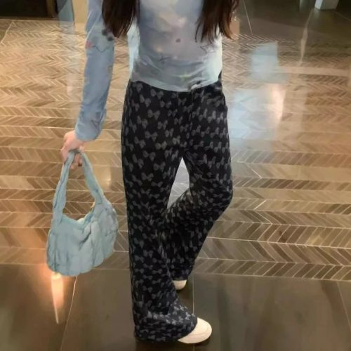 Design Butterfly Print Wide Leg Pants Casual Trousers Black
