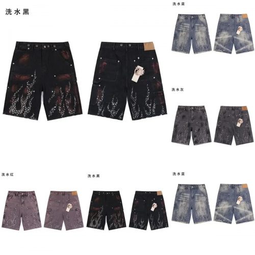 Design Rhinestone Flame Denim Shorts Streetwear Cargo Shorts Multicolor