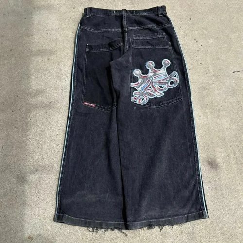 JNCO Crown Graphic Wide Leg Jeans Baggy Denim Pants Black