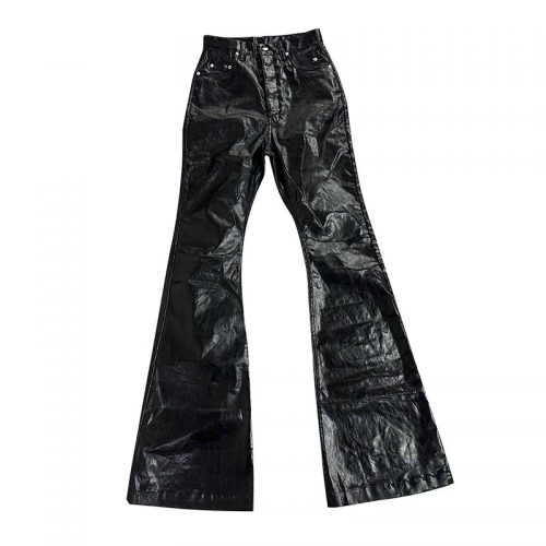 Design Faux Leather Flare Pants High Waisted Trousers Black