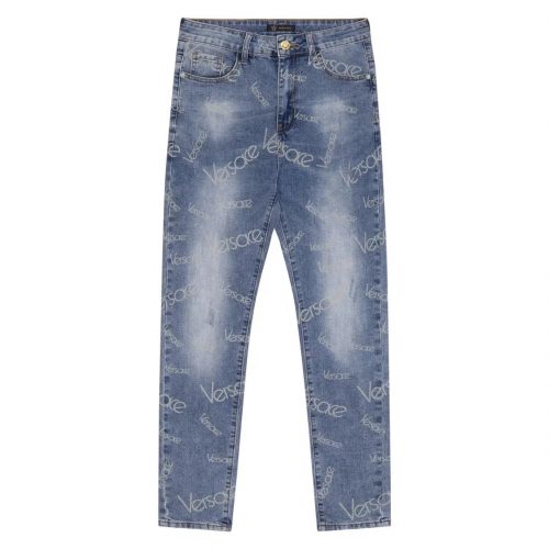 Versace All-Over Logo Print Denim Jeans Blue