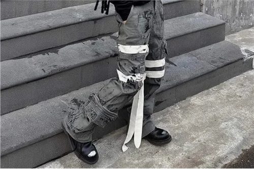 Design Distressed Cargo Pants Streetwear Trousers Gray