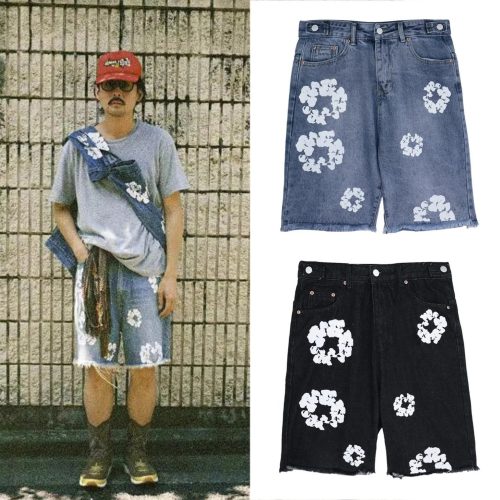 Denim Tears Floral Print Denim Shorts Casual Blue and Black
