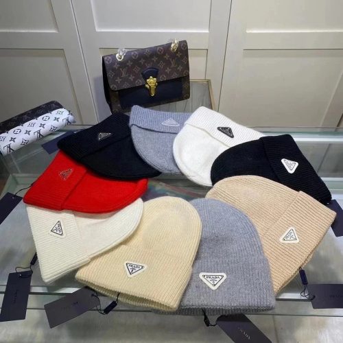 Prada Triangle Patch Chunky Knit Beanie Hat Multicolor