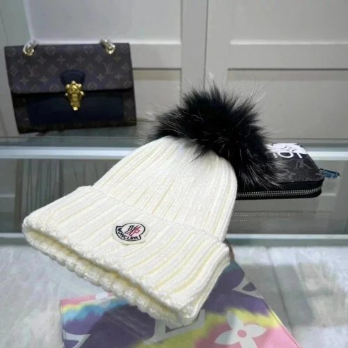 Moncler Ribbed Knit Pom Pom Beanie Hat White