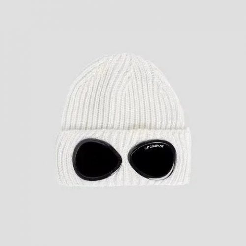 C.P. Company Goggle Beanie Ribbed Knit Hat White