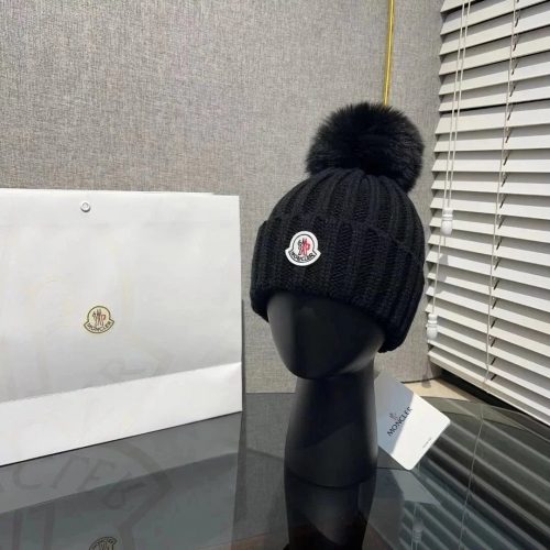 Moncler Ribbed Knit Pom-Pom Beanie Winter Hat Black