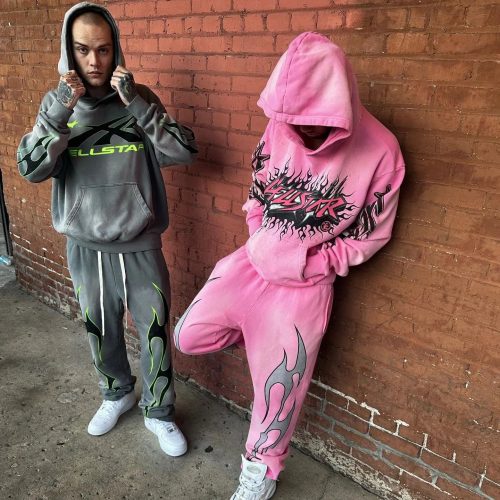 Hellstar Flame Graphic Oversized Tracksuit Set Pink and Gray