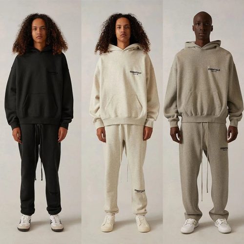 Fear of God Essentials Essentials Oversized Hoodie and Sweatpants Set Black Beige and Gray