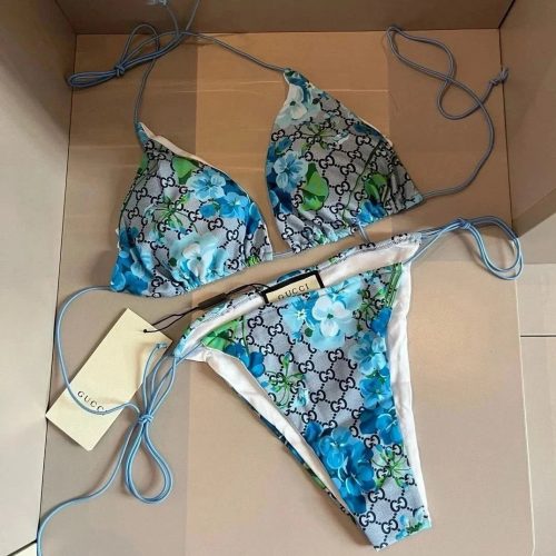 Gucci GG Floral Print Bikini Swimsuit Blue and White