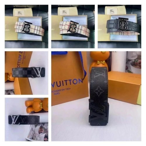 Burberry TB Monogram Check Belt Classic Leather Belt Beige and Black