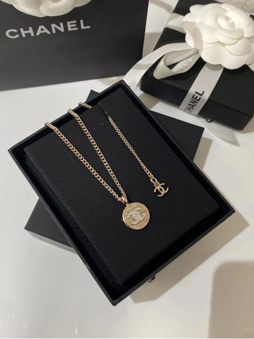 Chanel CC Coin Pendant Necklace Gold Crystal Jewelry