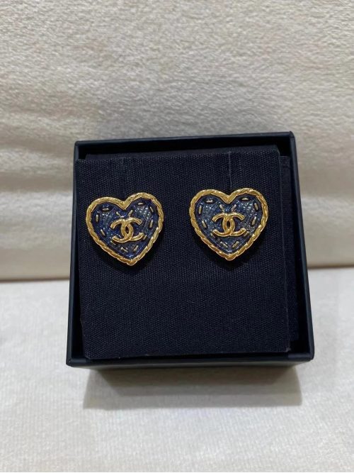 Chanel Heart Stud Earrings Gold and Blue