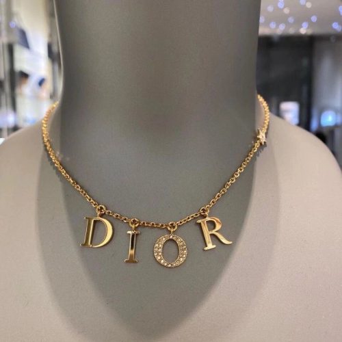 Dior Letter Necklace Gold-Tone Crystal Pendant Necklace Gold